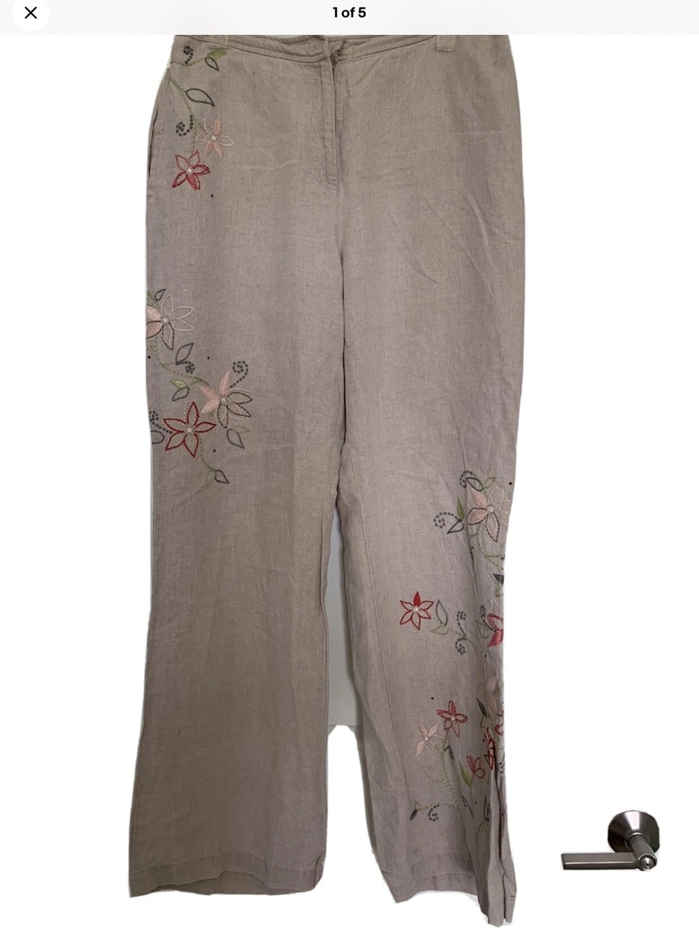 J. Jill Taupe Linen-Blend Wide-Leg Pants with Floral Embroidery